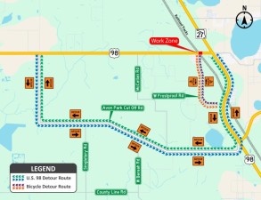 Motorists and Bicycle Detour during US 98 Closure at the railroad tracks.