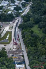 Overhead view of construction of the new bridge over the Peace River in Fort Meade. Crews just have a few more spans to set and final concrete pours to form the new bridge deck.